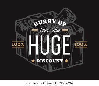 Retro Typography Abstract Vector Huge Discount Sale Sign, Symbol or Logo Template. Special Offer Gift Clearance Emblem. Black Background.