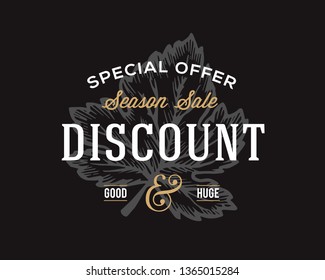 Retro Typography Abstract Vector Season Sale Sign, Symbol or Logo Template. Special Offer Discount Clearance Emblem. Black Background.