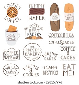 Retro Typography Bakery and Cafe Logo Badge Design and food icons. 