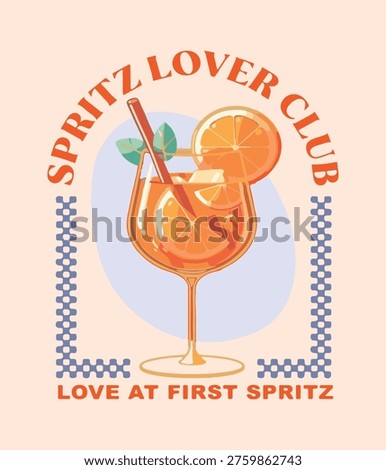 Retro typography calligraphy orange spritz slogan italian recipe illustration poster with vintage glass of cocktail and oranges for graphic tee tshirt or canvas italy - Vector
