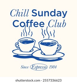 Retro typography coffee club slogan print with vintage hand drawn coffee cup drawing for graphic tee t shirt or poster sticker - Vector 