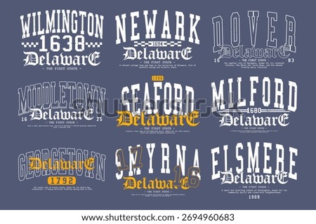 Retro typography college varsity State of Delaware slogan with Grunge effect for jersey, t-shirt, or wall art design - Vector