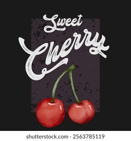 Retro typography cute girly slogan print with vintage hand drawn cherry fruit illustration for graphic tee t shirt or sweatshirt or poster - Vector