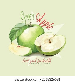 Retro typography cute girly slogan print with vintage hand drawn Green apple fruit illustration for graphic tee t shirt or sweatshirt or poster - Vector