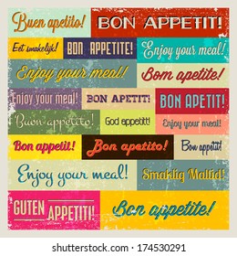 Retro Typography, "Enjoy your meal" vintage signs in many languages. Vector menu design. Texture effects can be turned off.