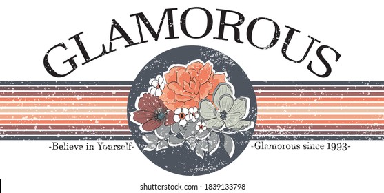 Retro Typography Slogan Print with Flowers and Stripes - Vintage Graphic Vector Floral Pattern for Girl Tee / T Shirt  