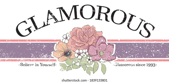 Impresión de eslóganes de tipografía retro con flores y rayas - Patrón floral vintage de vectores gráficos para camiseta chica / camiseta  