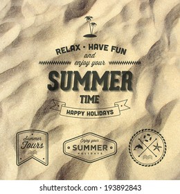 Retro Typography. Summer Holidays Labels set. Vector design elements. Background is an auto-traced image of beach sand.