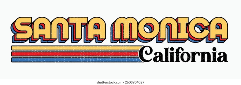 Retro typography united states of america santa monica california calligraphic slogan print with vintage colors stripes and grunge distressed texture for graphic tee t shirt or poster sticker - Vector