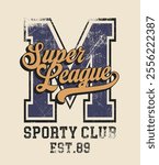 Retro typography varsity college embroidery patch letter with super league sporty club vintage slogan print for graphic tee t shirt or sweatshirt hoodie - Vector