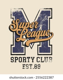 Retro typography varsity college embroidery patch letter with super league sporty club vintage slogan print for graphic tee t shirt or sweatshirt hoodie - Vector