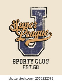 Retro typography varsity college embroidery patch letter with super league sporty club vintage slogan print for graphic tee t shirt or sweatshirt hoodie - Vector