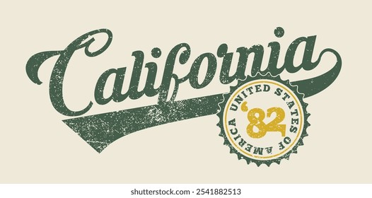 Retro typography varsity college united states of america california state vintage slogan print with distressed grunge texture for graphic tee t shirt or sweatshirt hoodie - Vector