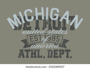 Retro typography varsity college united states of america detroit michigan state vintage slogan print with distressed grunge texture for graphic tee t shirt or sweatshirt hoodie - Vector