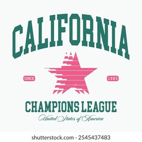 Retro typography varsity college united states of america california state champions league slogan print with vintage star for graphic tee t shirt or sweatshirt hoodie - Vector