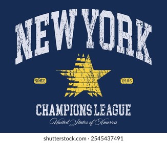 Retro typography varsity college united states of america new york state champions league slogan print with vintage star for graphic tee t shirt or sweatshirt hoodie - Vector