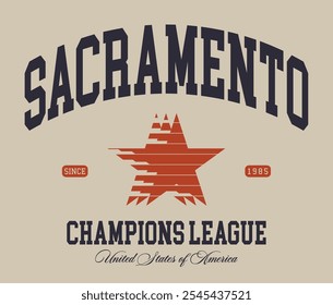 Tipografía retro universitario universitario estados unidos de américa campeones estatales de la liga de impresión de eslogan con estrella vintage para camiseta gráfica o sudadera con capucha - Vector