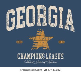 Retro typography varsity college united states of america georgia state champions league slogan print with vintage star distressed texture for graphic tee t shirt or sweatshirt hoodie - Vector