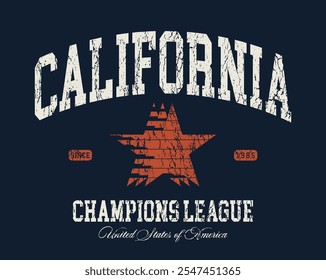 Tipografía retro universidad universitaria estados unidos de america campeones estatales liga eslogan impresión con vintage estrella angustiada textura para gráfico camiseta o sudadera con capucha - Vector