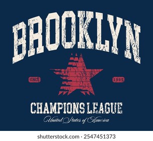 Tipografía retro universidad universitaria estados unidos de america campeones estatales liga eslogan impresión con vintage estrella angustiada textura para gráfico camiseta o sudadera con capucha - Vector