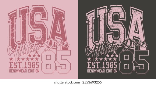 Retro typography varsity college united states of america athletic department slogan print with vintage distressed grunge texture for graphic tee t shirt or sweatshirt hoodie - Vector