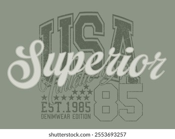 Retro typography varsity college united states of america athletic department slogan print with vintage distressed grunge texture for graphic tee t shirt or sweatshirt hoodie - Vector