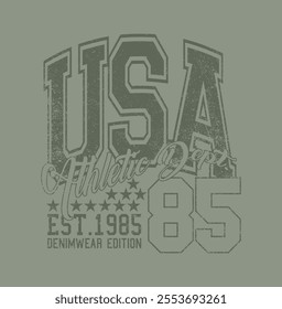 Retro typography varsity college united states of america athletic department slogan print with vintage distressed grunge texture for graphic tee t shirt or sweatshirt hoodie - Vector