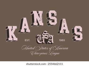 Retro typography varsity college united states of america kansas state champions league vintage slogan print for graphic tee t shirt or sweatshirt hoodie - Vector