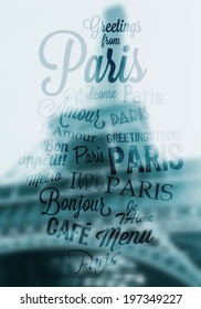 Retro Typography word cloud. Blurry Eiffel Tower background. Vintage Touristic Greeting labels - Greetings from Paris, Bonjour, Amour, Metro, Welcome, Cafe, Je t'aime, Menu, Bon appetit.Vector design.