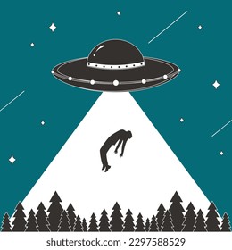 Retro UFO abduction poster. UFO abducting a man with a forest and night sky in the background.