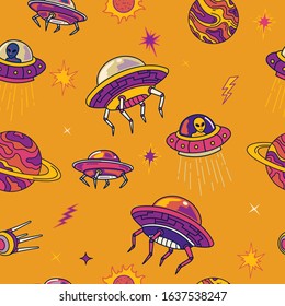 Retro UFO/Unidentified Flying Object Invader in the Space Galaxy Seamless Pattern. Background Wallpaper