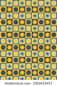Retro Ugly 70s pattern background created with Hexagon shapes. Retrowave inspired art illustration. Vector geometric backgrounds from the 60's and 70's.
