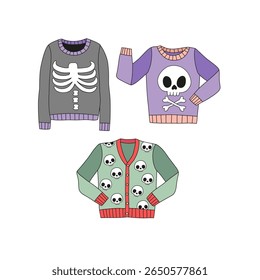 Retro Ugly Christmas Sweaters with a Spooky Twist Featuring Skeleton Ribs, Jolly Roger Skulls Hand Drawn Vector Illustration Set isolated on white. Great for quirky apparel design, alternative holiday