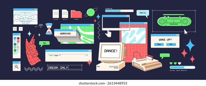 Retro UI elements set. Items of user interface of vaporwave style. Design of frames, digital window of computer. y2k PC cursor, icons, buttons, messages, popups. Flat isolated vector illustrations