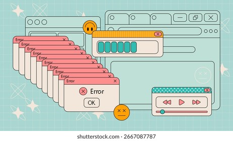 Interface de interface de usuário retroativa com mensagens de erro em cascata e janelas do navegador para designs técnicos. Pop-ups e barra de carregamento, media player e emoticons no plano de fundo da grade. Ilustração do computador Vintage y2k.