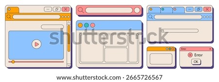 Retro UI interface collection with colorful browser windows and dialog boxes for web design. Vintage search bars, video player and error popup. Nostalgic computer elements for digital projects.