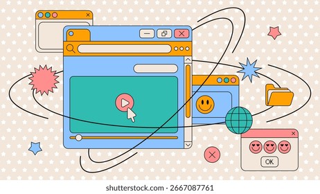 Retro UI interface design with colorful browser windows and elements for nostalgic web aesthetics. Video player and popup, folder icon and star decorations with swoosh lines. Playful digital workspace
