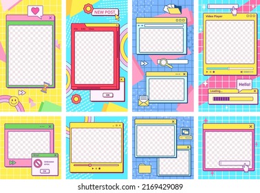 Retro UI post template. Cool 90s aesthetic social media stories frames, app window with groovy background vector set. Illustration of graphic template retro groovy