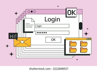 Retro UI and UX design. Old-style browser windows, interface. Poster or banner for website. Back at 1980s and 1990s hippie era. Site and webpage, registration. Cartoon flat vector illustration