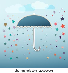 Retro umbrella with stars and clouds, Vector illustration.