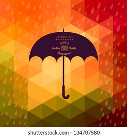 Retro umbrella symbol on hipster background made of triangles Retro background with rain pattern and geometric shapes.Label design. Square composition with geometric shapes, color flow effect.