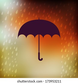 Retro umbrella symbol on hipster background. Retro background with rain pattern and blurred background. Label design. Square composition, autumn theme