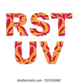 Retro uppercase letters with herbal autumn seasonal ornament. Fiery font with floral pattern, R, S, T, U, V.