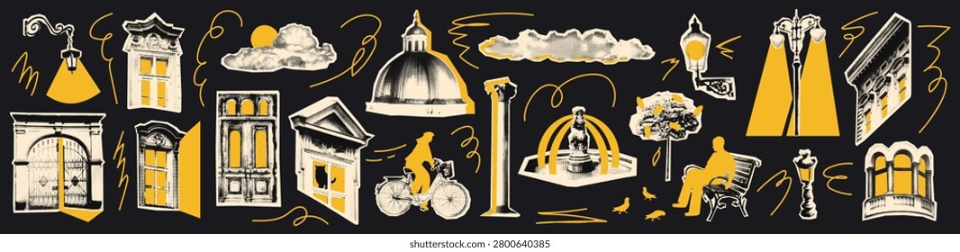 Retro urban collage elements set with halftone dot texture and doodles. Architectural vintage stickers, city life clip art, travel. Cut out door, roof, window, column. Modern retro vector illustration