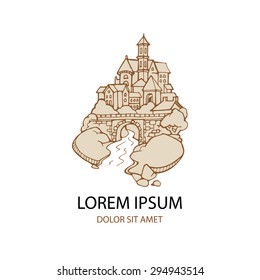 retro urban day landscape with ancient castle and small river. Logo template
