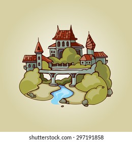 Retro urban day landscape with ancient castle on the bridge