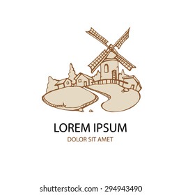 retro urban day landscape with windmill and three little houses. Logo template