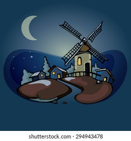 retro urban night landscape with windmill and three little houses