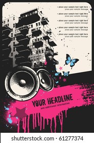 retro urban party flyer template with building, speakers and grungy textbox