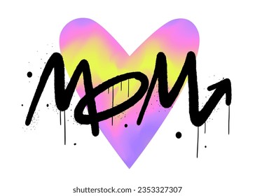 Retro urban street art poster. Graffiti tagging of Mom. Cyberpunk artwork design. Style of 80s, 90s, 00s. Trendy Mothers day's greeting card. Holographic vector print. Y2k blurred gradient element.